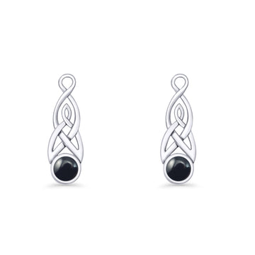 Round Black Onyx Trinity Dangle Fishhook Earring 925 Sterling Silver